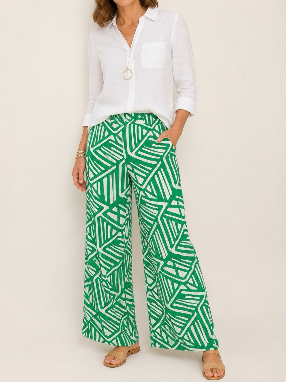 NWT Chico’s Travelers Collection Wide Leg Pull-On Pants Green White Print Sz 2